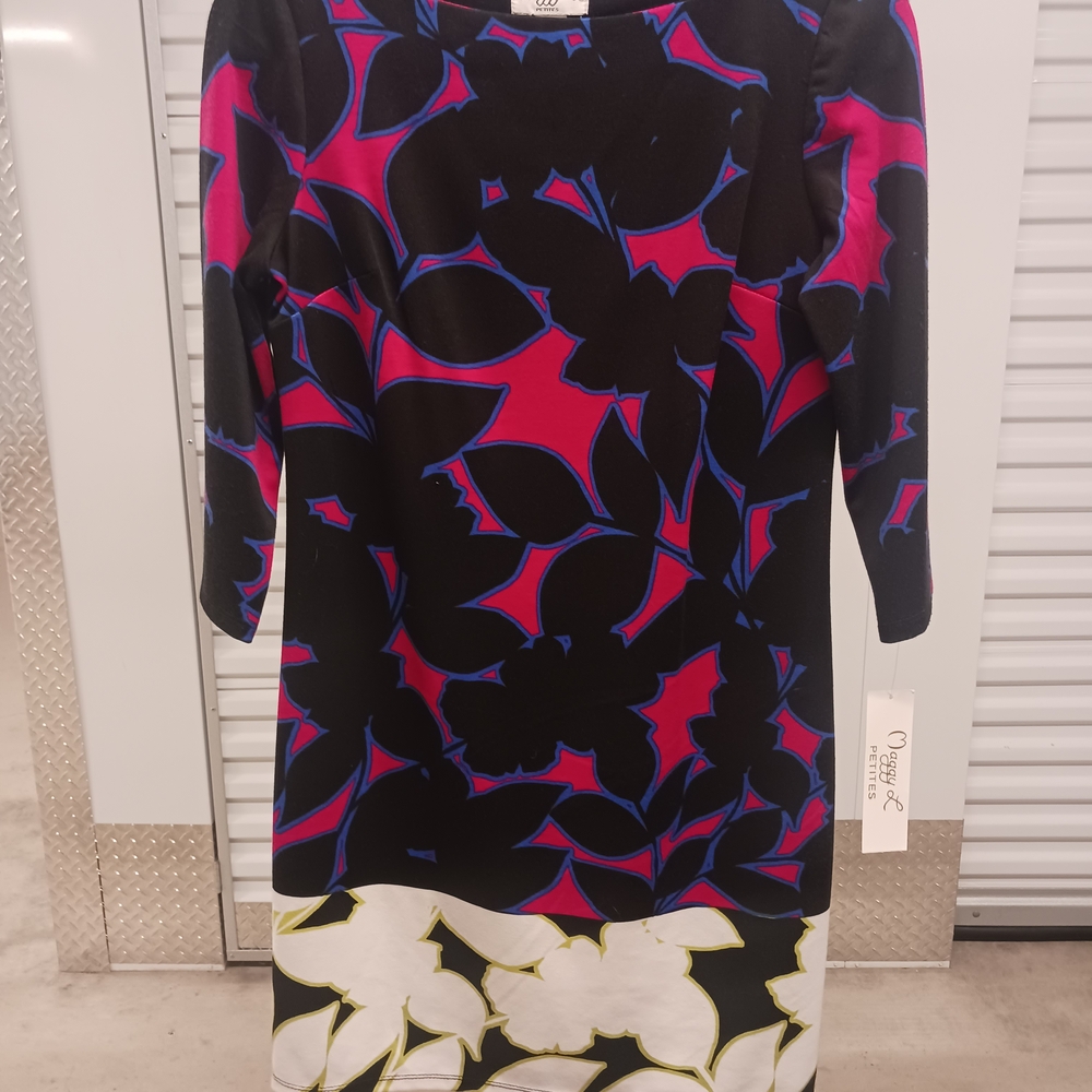 Maggy London Vibrant Black and Pink Long Sleeve Dress Sheath M